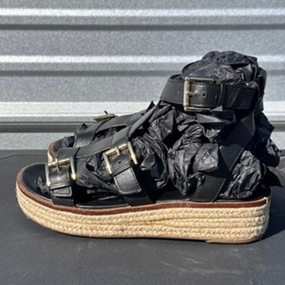 Michael Kors Shoes - Michael Kors Black Leather Gladiator Espadrille Platform Sandals Gold Buckle - 7
